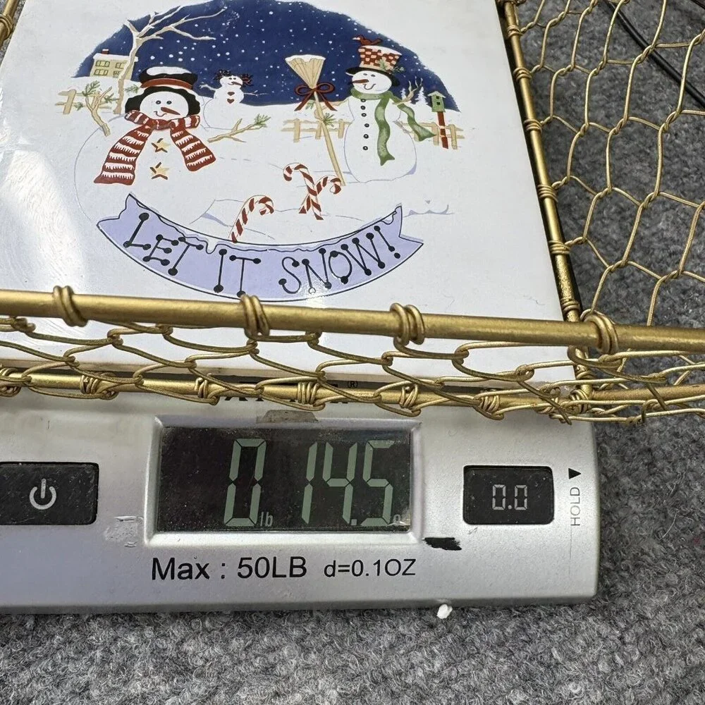 Christmas Basket Gold Wire Snowmen Bottom Tile Let It Snow Holiday Y2K Farmhouse